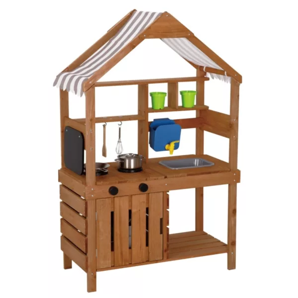 Дървена градинска кухня с мивка и сенник детска кухня Jolly кафяво дърво за деца 3+