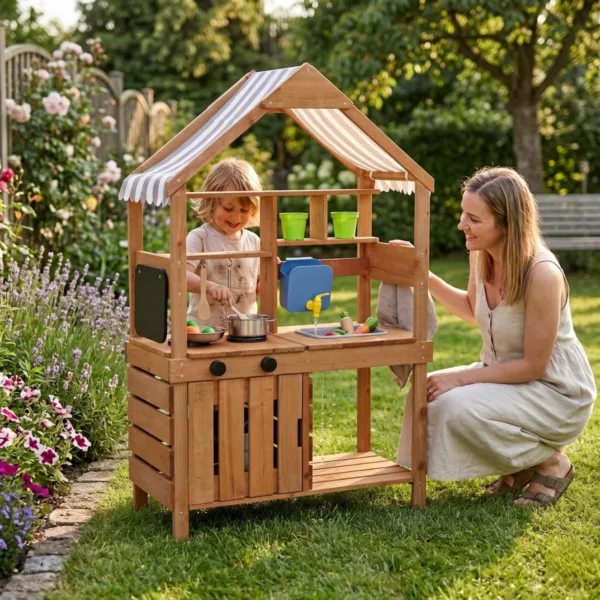 Дървена градинска кухня с мивка и сенник Jolly игра навън с дете в градина 3+