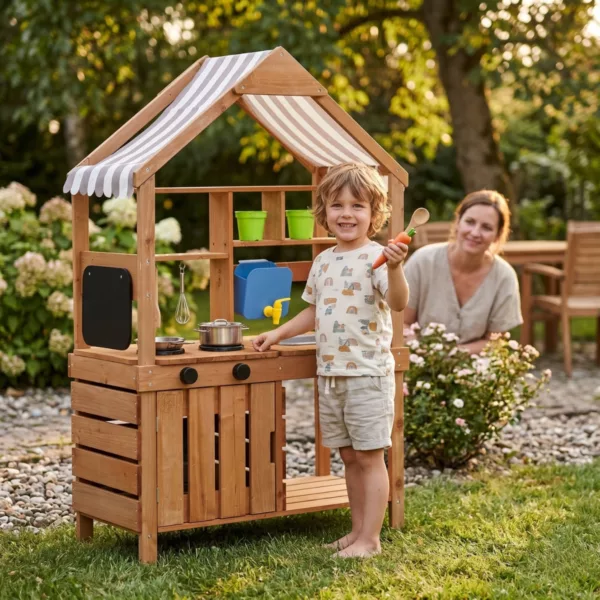 Дървена градинска кухня с мивка и сенник Jolly с аксесоари за готвене деца 3+