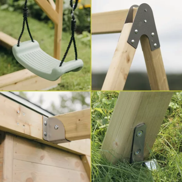 Детска дървена площадка детайли здрава конструкция метални крепежи и безопасна люлка седалка