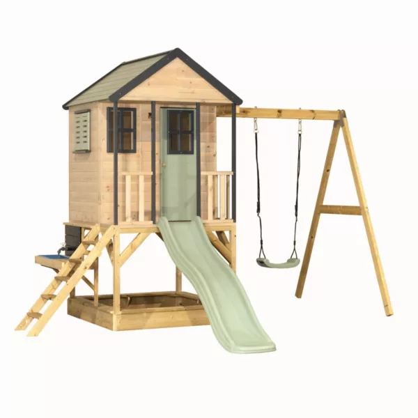 Детска дървена къща за игра с пързалка, люлка и платформа Adventure Cottage Wendi