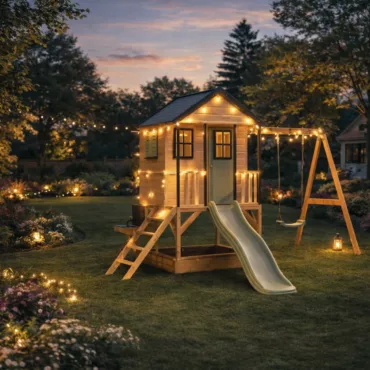 Детска дървена къща за игра с пързалка и люлка осветена вечер в двор