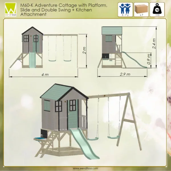 Детска дървена площадка с къщичка, пързалка и люлки със схема и размери за монтаж