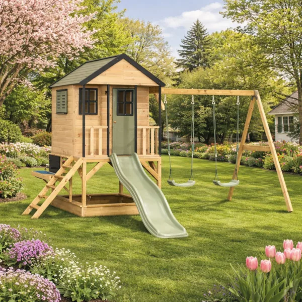 Детска дървена площадка с къщичка, пързалка и люлки в красива градина с цветя