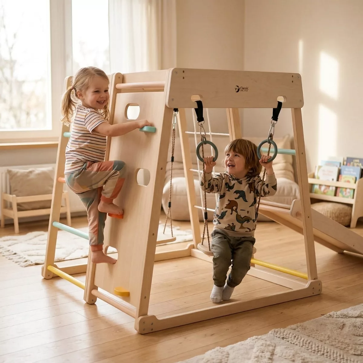 Мултифункционална дървена катерушка 8 в 1 с халки и люлка натурално дърво за деца