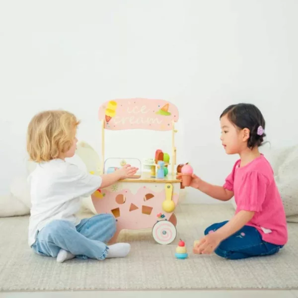 Дървена количка за сладолед за деца с аксесоари розова играчка за ролеви игри 3+