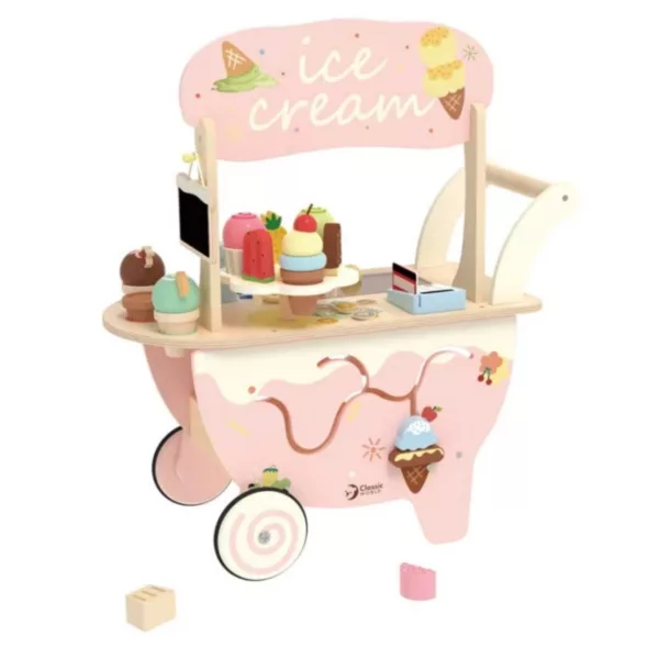 Дървена количка за сладолед Classic World с аксесоари в розов пастелен цвят за деца