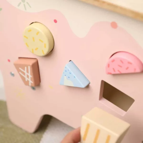 Дървена количка за сладолед със сортер форми и цветни елементи за деца 3+ години