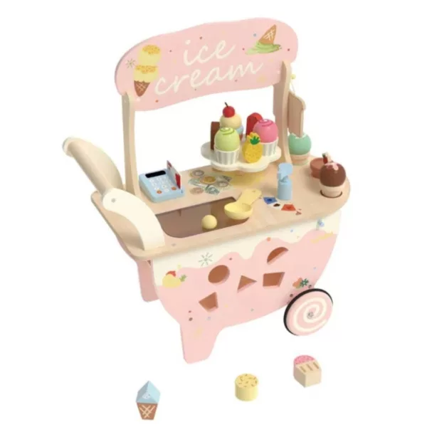 Дървена количка за сладолед с аксесоари и касов апарат Classic World розова за деца