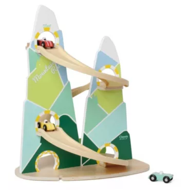 Дървена писта за коли Планинско рали с рампа и колички в зелен и натурален цвят