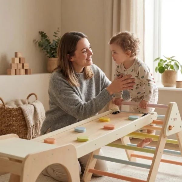 Дървена катерушка 5 в 1 Classic World с пързалка и помощна дръжка за деца натурално дърво