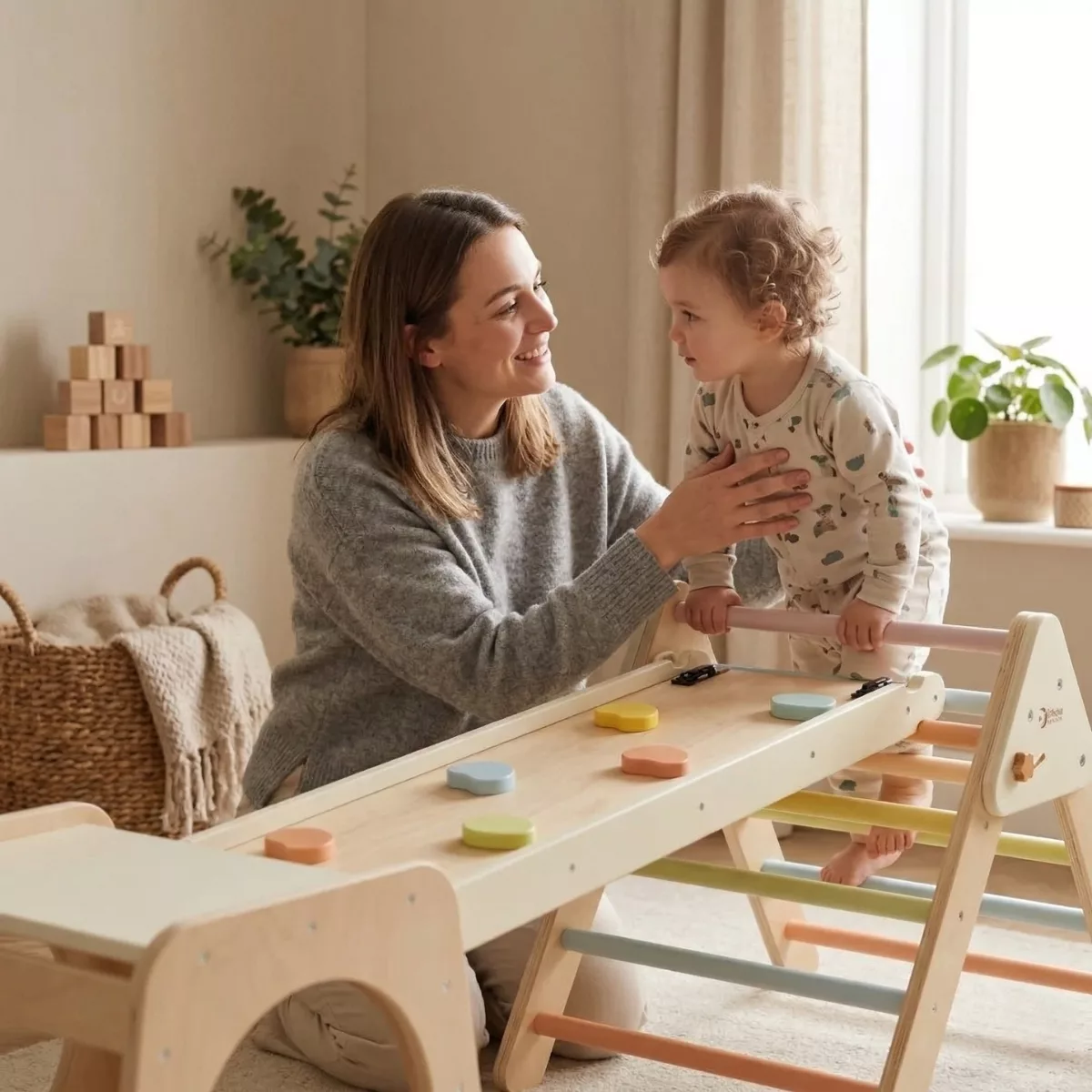 Дървена катерушка 5 в 1 Classic World с пързалка и помощна дръжка за деца натурално дърво