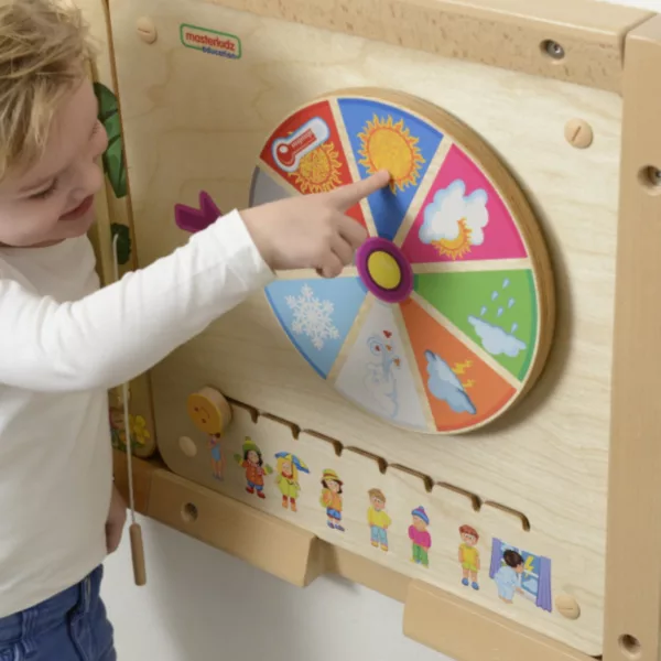 Монтесори дъска за времето Masterkidz с въртящо колело за сезони и климат дървена игра