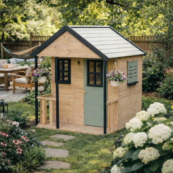 Детска дървена къща за двор с веранда и зелена врата Adventure Cottage Wendi за деца 3+