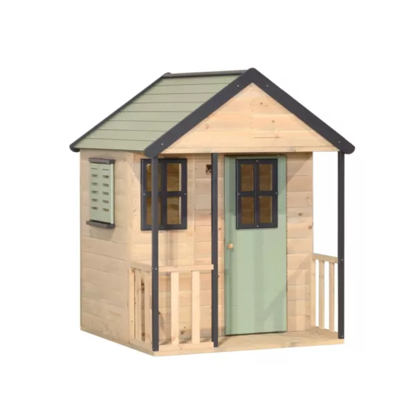 Детска дървена къща за двор с веранда и зелена врата Adventure Cottage Wendi