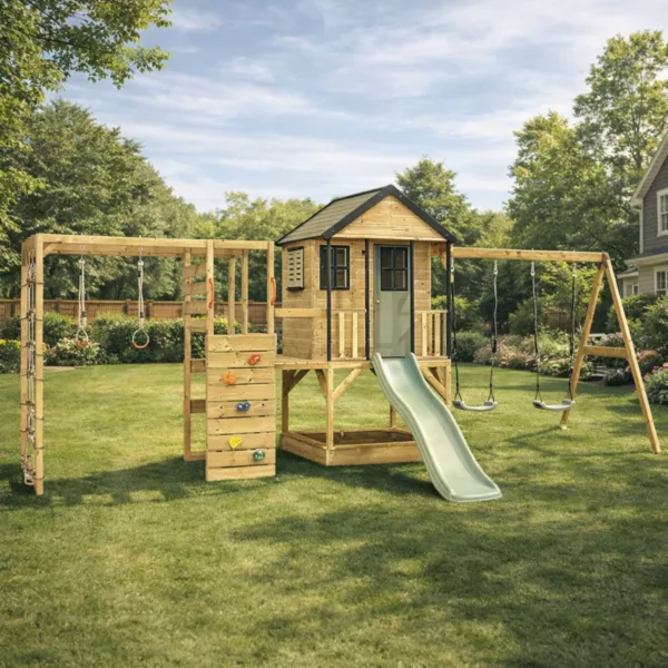Детска дървена площадка с къщичка, пързалка, двойна люлка и катерушка в естествен дървен цвят