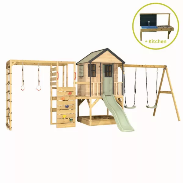 Детска дървена площадка с къщичка, катерушка и кухня от дърво с люлки за двор