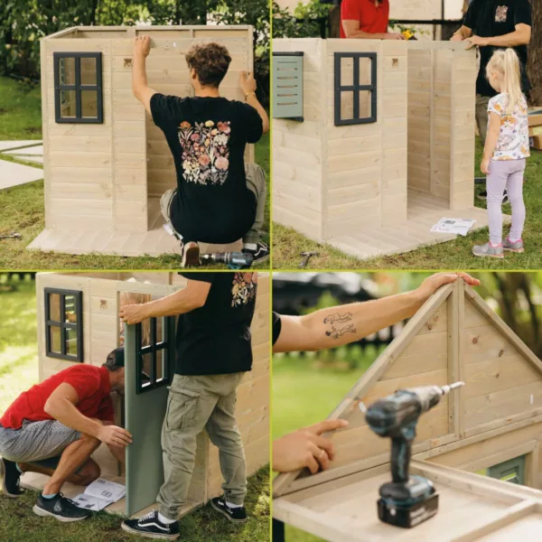 Детска дървена площадка къщичка сглобяване от дърво с панели и врата за двор