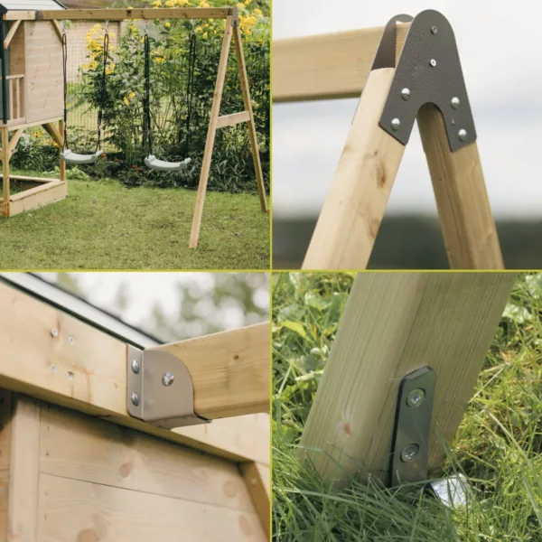 Детска дървена площадка с двойна люлка и метални съединения за стабилност и безопасност