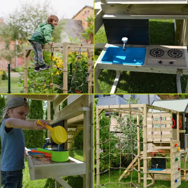 Детска дървена площадка с кухня и мивка за ролеви игри и забавление на открито