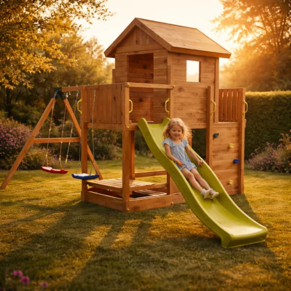 Детска дървена площадка с къща, пързалка и люлки от дърво и зелена пластмаса за двор