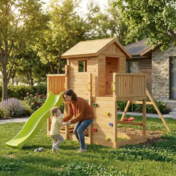 Детска дървена площадка с къща, пързалка и люлки в двор с естествена дървесина за деца