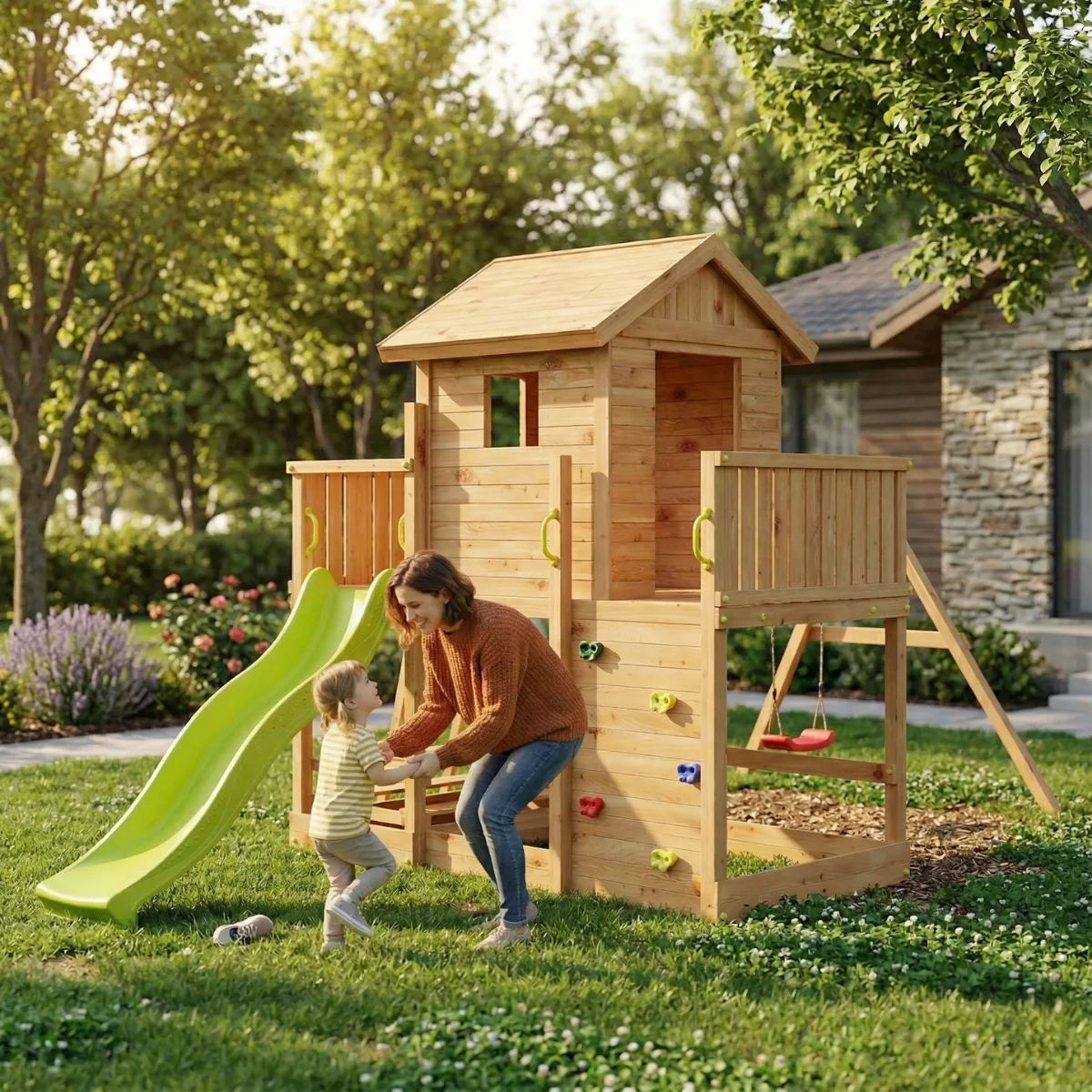 Детска дървена площадка с къща, пързалка и люлки в двор с естествена дървесина за деца