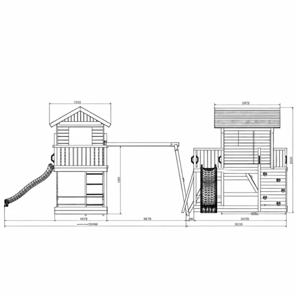Детска дървена площадка с къща пързалка и люлки чертеж с размери и конструкция от дърво