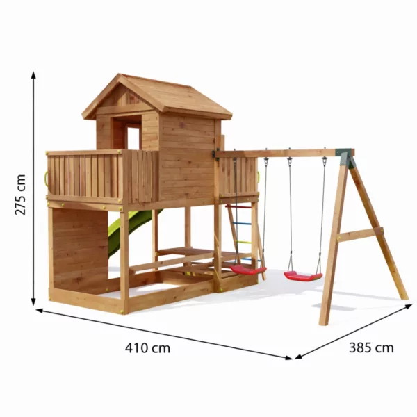 Детска дървена площадка с къща пързалка и люлки с размери 410 см от масивно дърво