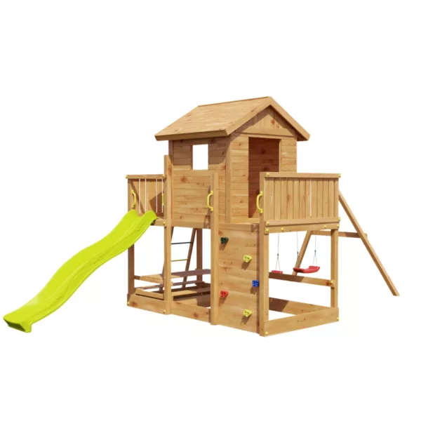 Детска дървена площадка с къща пързалка и люлки от естествено дърво с цветни елементи