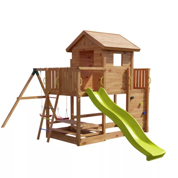 Детска дървена площадка с къща пързалка и люлки градинска конструкция от дърво за деца