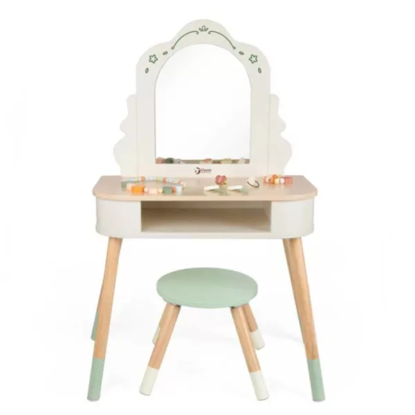 Детска дървена тоалетка с огледало и столче в бяло и зелено за деца 3+