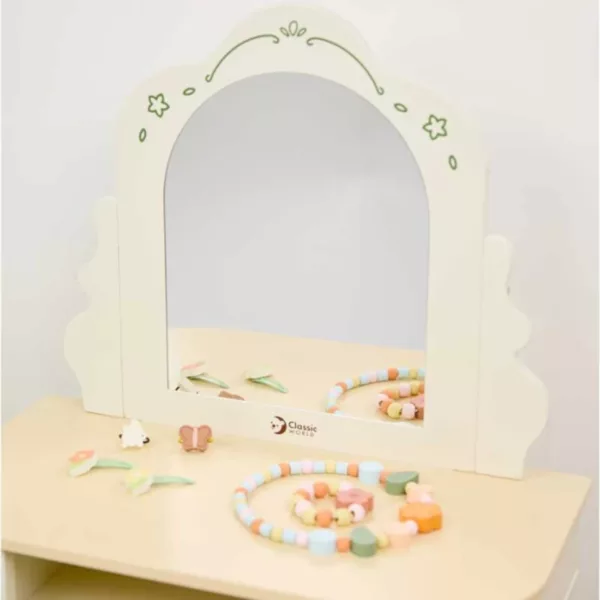 Дървена тоалетка с огледало и аксесоари за коса в нежен бял и зелен цвят