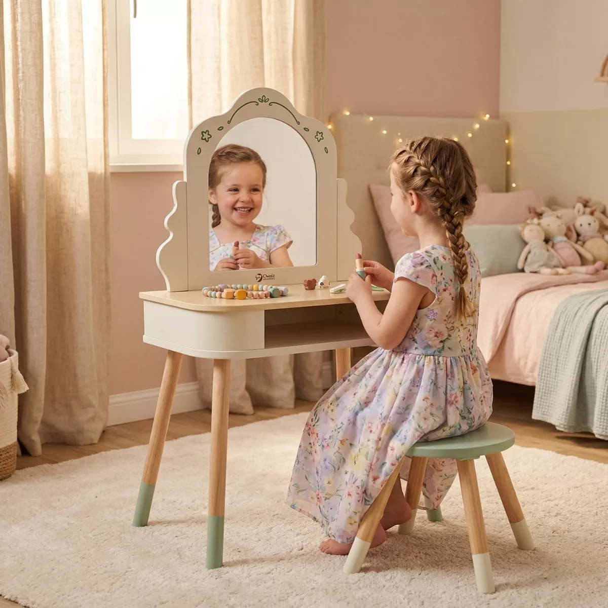 Детска дървена тоалетка с огледало и столче за игра в стая за деца 3+ години
