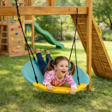 Детска люлка гнездо с дете което се люлее в двор върху кръгла люлка с мрежа