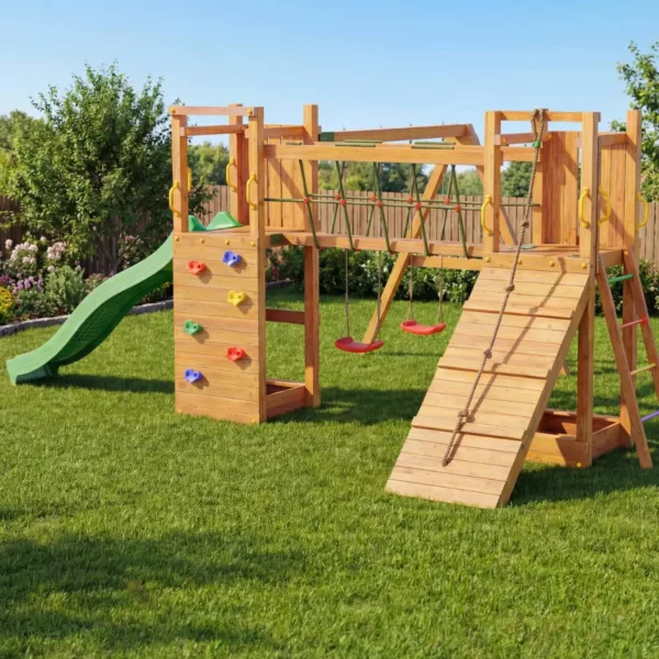 Детска дървена площадка с пързалка мост и люлки за двор от масивно дърво за деца над 3 години