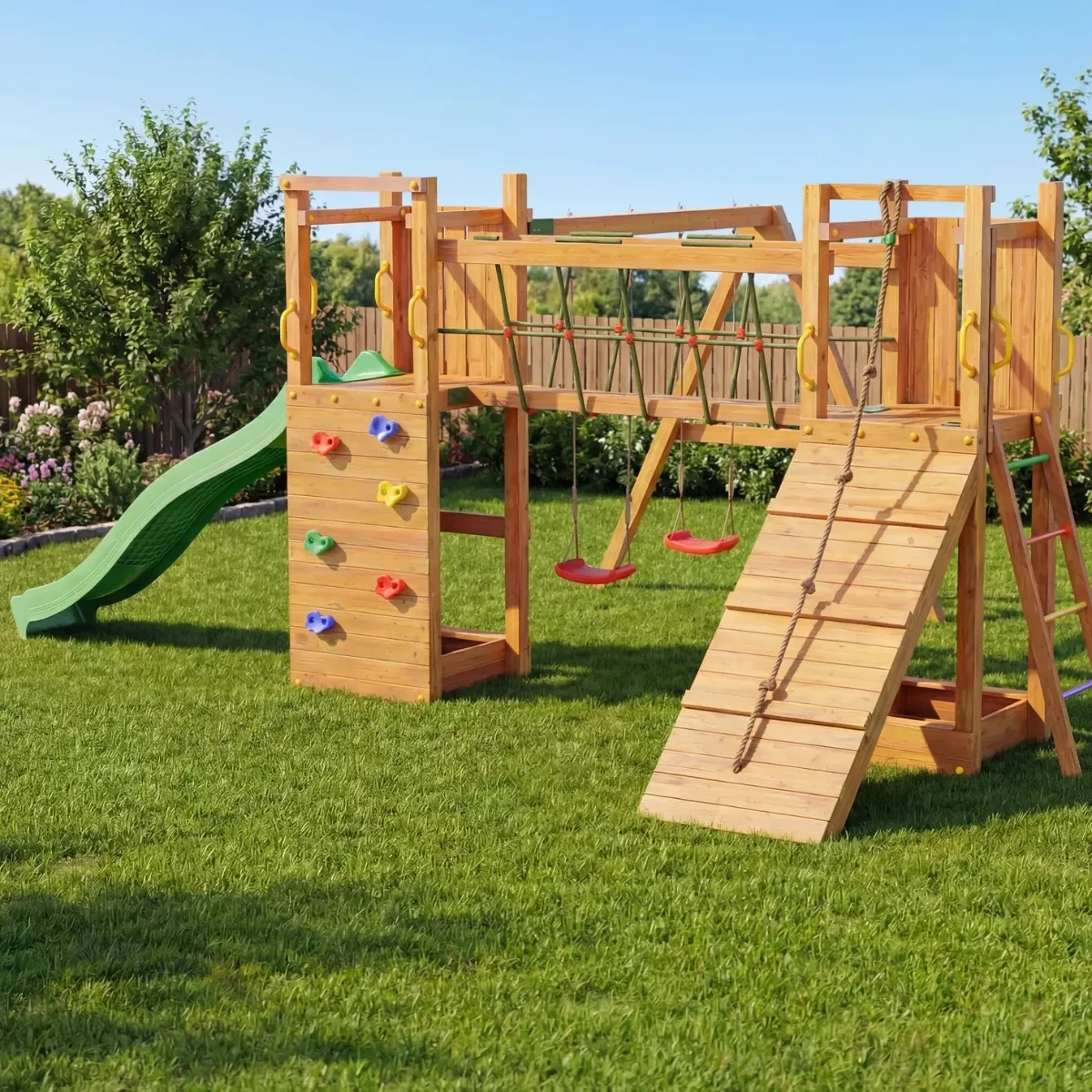 Детска дървена площадка с пързалка мост и люлки за двор от масивно дърво за деца над 3 години