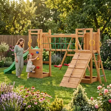 Детска дървена площадка с пързалка мост и люлки с майка и дете игра в градина
