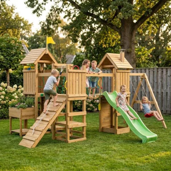 Детска дървена площадка с 3 кули пързалка и люлки от дърво за двор за деца над 3 години