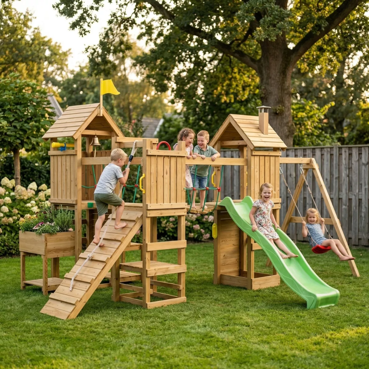 Детска дървена площадка с 3 кули пързалка и люлки от дърво за двор за деца над 3 години