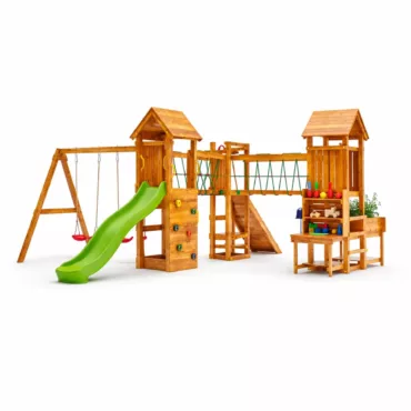 Детска дървена площадка с 3 кули пързалка и люлки в цвят дърво със зелена пързалка за двор