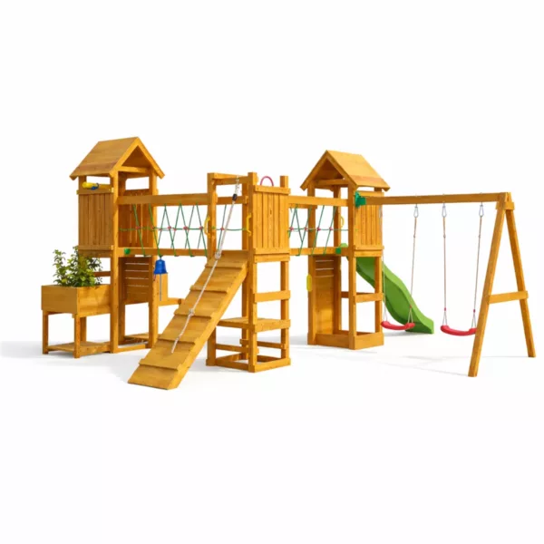 Детска дървена площадка с 3 кули мост пързалка и люлки от масивно дърво за градина