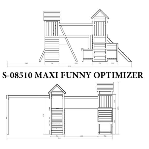 Детска дървена площадка с 3 кули пързалка и люлки чертеж с размери и конструкция от дърво