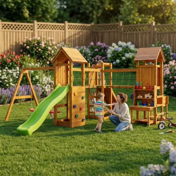 Детска дървена площадка с 3 кули пързалка и люлки в двор с деца и родител игра