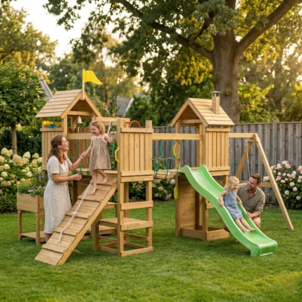 Детска дървена площадка с 3 кули пързалка и люлки за двор с естествено дърво за деца