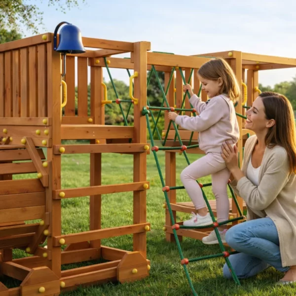 Детска дървена площадка влак с катерушка и пързалка за двор деца