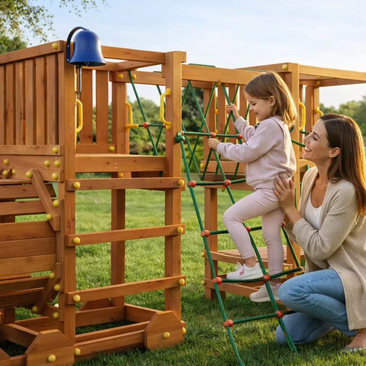 Детска дървена площадка влак с катерушка и пързалка за двор деца