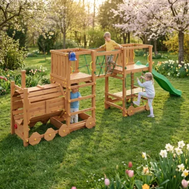 Детска дървена площадка влак с пързалка и катерене за двор деца