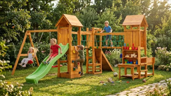 Детска дървена площадка с пързалка, люлки и катерушка за активна игра на открито за деца