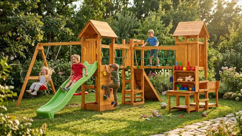 Детска дървена площадка с пързалка, люлки и катерушка за активна игра на открито за деца